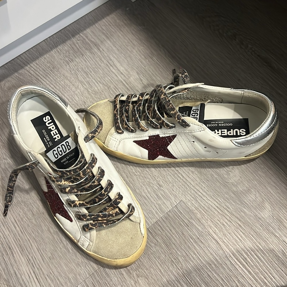 Golden Goose White and Burgundy Star Sneakers